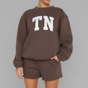 Ensemble sweat-shirt et short pour femmes, taille plus, 100% coton, col rond, motif uni, tissu polaire décontracté, imperméable, séchage rapide, respirant - Product Image 5