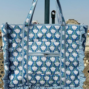 Bolsa de Mano Textil con Estampado Floral Azul, Tamaño Grande, Cierre de Cremallera, Asa Larga, Bolsa de Compras para Uso Diario - Product Image 4