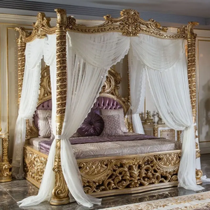 Cama con Dosel de Lujo Estilo Rococó Francés, de Caoba con Tallado a Mano en Dorado, Tamaño King, con Cuatro Postes y Almacenamiento, para Dormitorio Europeo Antiguo - Product Image 2