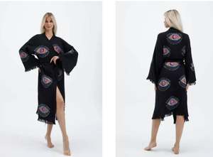 2026 Robe longue kimono en coton, motif œil protecteur, imprimée à la main, style ethnique bohème, vêtement de plage, veste hippie, peignoir de festival pour femme - Product Image 4