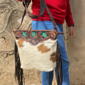 2025 vente en gros sac à main en cuir repoussé véritable peau de vache frange sac à bandoulière sculpture bohème Turquoise fleur sacs à bandoulière pour les femmes - Product Image 2