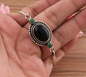 Natural Black Onyx Bangle 925 <b>Silver</b> Plated For Women Vintage Bohemian Style Black Gemstone <b>Cuff</b> <b>Bracelet</b> Handmade For Woman - Product Image 2