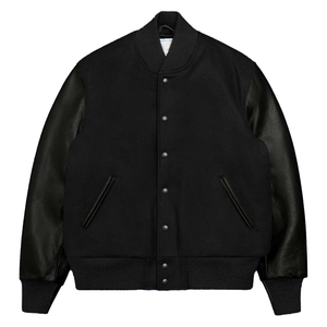 Men's College Style Varsity <b>Jacket</b> Classic Fit Black Melton Wool <b>Leather</b> Sleeves with Custom Logo High Quality Thin <b>Long</b> <b>Jacket</b> - Product Image 1