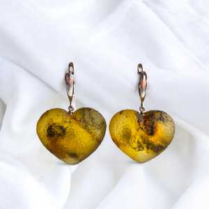 Carved Natural Baltic Amber Heart Earrings Large Teardrop Silver Chunky <b>Drop</b> Gemstone Jewelry Gift For Women - Product Image 4