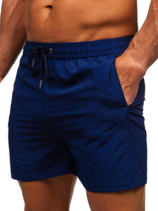 Short de bain décontracté pour homme, bleu marine uni, taille mi-haute, avec cordon de serrage, séchage rapide, respirant, tricoté 100% coton - Product Image 2