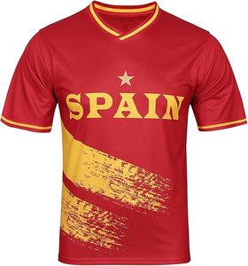 Maillot de football d'Espagne unisexe, col en V, manches courtes, rouge et jaune, impression sublimée, évacuation de l'humidité, nom d'équipe personnalisé, 100% sport - Product Image 1