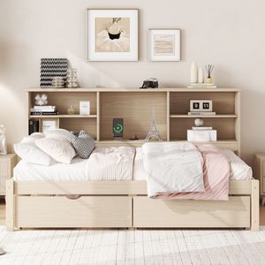 Struttura letto singolo con librerie laterali e due cassetti, porta USB integrata, colore naturale - Product Image 3