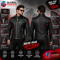 Blouson moto homme en cuir véritable noir, coupe ajustée, fermeture éclair, col montant, style motard, pour l'automne