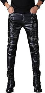 Pantalon skinny en cuir gothique taille haute, style motard, longueur intégrale, avec fausses fermetures éclair et décorations à rivets, pantalon pour femme - Product Image 3