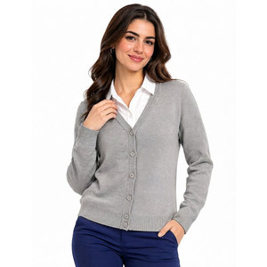 Pull cardigan à col en V pour femme, boutonné, manches longues, tricoté, couleur unie, décontracté, pour le bureau, gris, 100% acrylique, style automne - Product Image 1