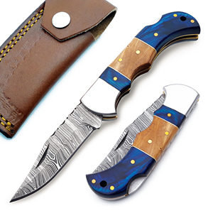Handmade High Quality Customized Damascus Steel Pocket <b>Knife</b> Back <b>Lock</b> Folding Blade Olivewood Blue Wood Leather Sheath - Product Image 2