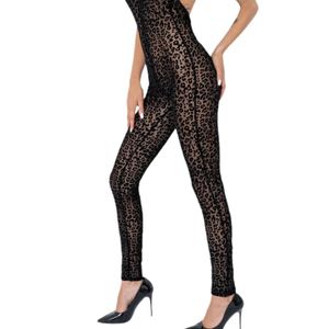 Mono de mujer negro con estampado de leopardo, espalda descubierta, cuello en V, sin mangas, cintura alta, largo completo, sexy, ajustado, para discoteca - Product Image 5
