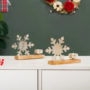 Modern Christmas Snowflake <b>Tealight</b> Candle Holder Wooden Base Metal Holiday Table Decor Stand Set - Product Image 1