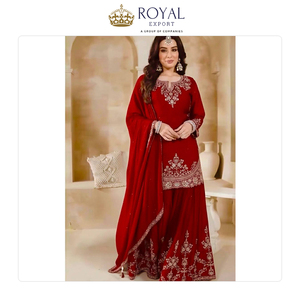 Hermosa Colección de Ropa India de Diseño, Traje Sharara de Seda Chinnon Pesada con Bordado para Mujer a Bajo Precio - Product Image 5