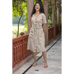 Robe midi bohème en coton et lin pour femme, beige, boutonnée, à nouer à la taille, manches courtes, col en V, robe décontractée d'été - Product Image 1