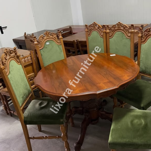Luxury Handcrafted <b>Solid</b> <b>Wood</b> 6 Seater Round Dining <b>Table</b> Set Antique Victorian Style Green Velvet - Product Image 4