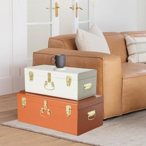 Vintage Style Decorative Trunk Set Rust Orange and Ivory Metal <b>Keepsake</b> <b>Boxes</b> with Polished Gold Latches for Bedroom Storage - Product Image 2