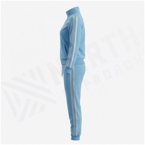 <b>Women</b> Light Blue Tracksuit Set Full <b>Zip</b> Stand Collar Sweatshirt Jogger Pants Breathable Sporty Style Solid Color Midweight - Product Image 3