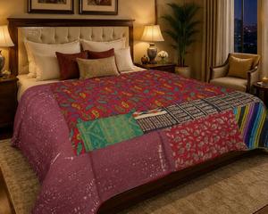 Wholesale Handmade Cotton Kantha <b>Quilt</b> King Queen Size Reversible Bedspread Indian Block Print <b>Quilt</b> Lightweight <b>Bedding</b> Blanket - Product Image 6