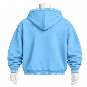 <b>Sky</b> <b>Blue</b> Stitched Border Distressed Hoodie Oversized Pullover Sweatshirt Contrast Stitch Kangaroo Pocket Casual Streetwear <b>Top</b> - Product Image 2