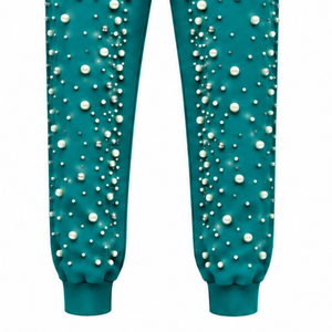 Teal Pearl Beaded <b>Jogger</b> Pants <b>Women</b> Fashion Embellished Drawstring Sweatpants Luxury Casual Streetwear <b>Fleece</b> Bottoms Custom - Product Image 6