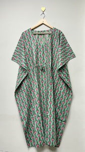 Caftán para Mujer, Cuello en V, Cierre con Cordón, Estampado Floral de Algodón, Corte Holgado, Secado Rápido, Transpirable, Ecológico, Vestido de Playa - Product Image 4