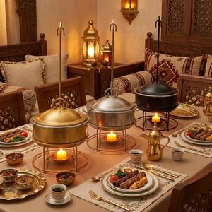 Luxury Arabic Round Chafing Dish Matte Cream Metal Base Stainless Steel Food <b>Pan</b> Ramadan Buffet Server Soup Warmer Single Unit - Product Image 1