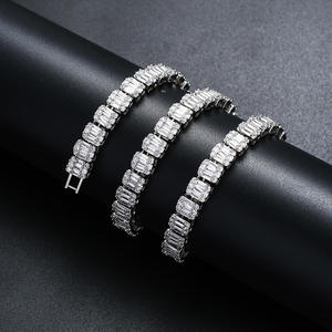 Mens 22K Gold Plated Baguette Cut Crystal <b>Statement</b> <b>Necklace</b> and Bracelet Set Hiphop Jewelry Everyday Wear Available for Sale - Product Image 5