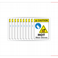 Etiquetas de advertencia de riesgo de quemaduras, cabezal de advertencia amarillo, partes adyacentes muy calientes, guantes de protección, iconos circulares azules obligatorios