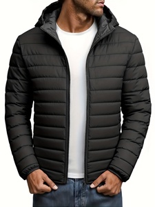 Chaqueta Acolchada con Capucha para Hombre, Negra, Cortavientos, con Cierre de Cremallera, Abrigo Casual de Invierno, Relleno de Poliéster, Corte Regular, Color Sólido - Product Image 1