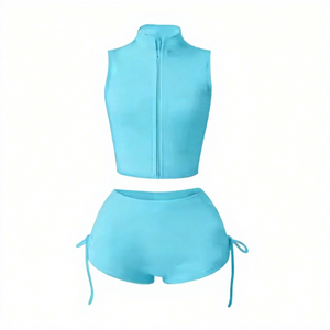 2026 Solid Casual Women's Yoga Set Custom Logo Zipper Jacket with Skinny Fit Summer Lace-Up <b>Shorts</b> Sports Gym Fitness - Product Image 5