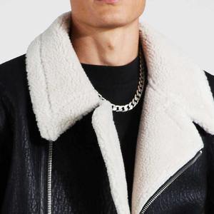 Textured Leather Winter <b>Jacket</b> Contrast <b>White</b> Shearling Collar Asymmetric Zipper <b>Men</b> Casual Outerwear Thick Thermal Coat - Product Image 2