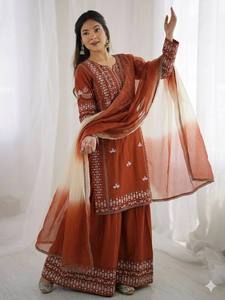 Ensemble Salwar Kameez brodé orange pour femmes, tenue formelle indienne pakistanaise, tenue de soirée de mariage - Product Image 3