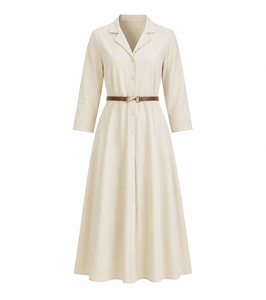 Vestido Camisero de Lino para Mujer, Maxi, Manga Tres Cuartos, Cuello Camisero, Dobladillo Acampanado, Corte Holgado con Cinturón, Estilo Casual para Primavera - Product Image 2