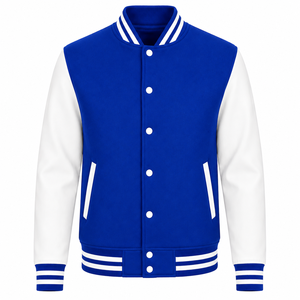 เสื้อแจ็คเก็ตวาร์ซิตี้สีน้ำเงินขาวสำหรับผู้ชาย ทรงปกติ คอตั้ง ติดกระดุมแบบสแนป สไตล์เพรปปี้ สีพื้น แขนเสื้อตัดสี ระบายอากาศได้ดี - Product Image 1
