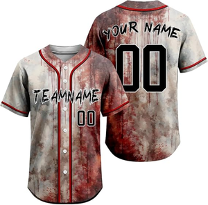 Maillot de baseball personnalisé pour homme, impression par sublimation effet éclaboussures de sang, manches courtes, boutons sur le devant, uniforme d'équipe - Product Image 1