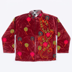 <b>Velvet</b> Suzani Short Cotton Knitted Heated Winter Varsity <b>Jacket</b> Rich Texture Intricate Embroidery Stripe Pattern Eco-Friendly - Product Image 1