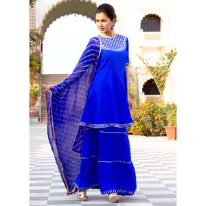 Ensemble kurta et jupe courte en tissu mousseline de soie Mukta taille XS, couleur bleu chaud - Product Image 4