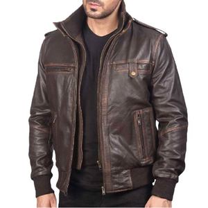 Chaqueta de Cuero Marrón para Hombre, Piel de Oveja Auténtica, Cierre de Cremallera, Cuello Alto, Puños de Punto Acanalado, Dos Bolsillos Interiores y Cuatro Exteriores - Product Image 1