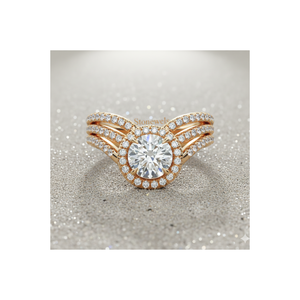 Bague de fiançailles vintage en or avec halo de diamants en cascade, sertie à griffes certifiée - Product Image 1