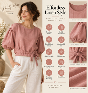 เสื้อผู้หญิงผ้าลินินสีชมพูทรงหลวม แขนพอง แต่งเชือกผูกเอวยางยืด เสื้อลำลองฤดูร้อน ระบายอากาศดี แฟชั่น - Product Image 4