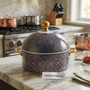 Casserole de luxe 3 pièces en acier inoxydable, nouveau design émaillé oriental bleu et or, couvercle rond, poignée en alliage de zinc, plat de service - Product Image 2