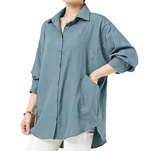 Custom Oversized Cotton Linen Button <b>Down</b> Shirt – Casual Long Sleeve Loose Fit Blouse with Pockets - Product Image 1
