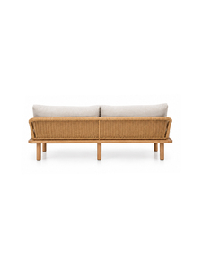 Canapé d'extérieur minimaliste en rotin deux places avec pieds en bois et coussins en tissu gris, mobilier de jardin durable - Product Image 5