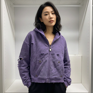Custom Oversized Distressed Cropped <b>Zip</b>-Up Hoodie for Women/Unisex Heavyweight Cotton Fleece Eco-Friendly Sweatshirt - Product Image 6