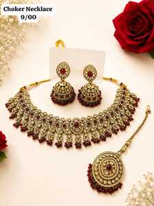Parure de bijoux ethniques plaqués or avec zircon et jadau, collier et boucles d'oreilles en laiton, bijoux de mariée avec choker et dupatta pour femme, idéale pour les mariages et les fêtes - Product Image 5