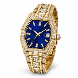 Luxury Women's Gold <b>Diamond</b> <b>Watch</b> Polygon Case Blue Dial Analog Quartz Date Display - Product Image 5