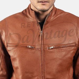 Chaqueta de cuero premium color coñac para hombre, de piel de oveja auténtica, corte ajustado, cuello alto, con cremallera, estilo motociclista. - Product Image 1