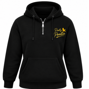 Sudadera con capucha y media cremallera negra personalizada con gráfico de la hermandad Sigma Gamma Rho para mujer, estilo universitario, informal y urbano. - Product Image 1