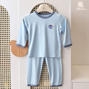 SeunKids Ensemble pyjama 2 pièces en coton bleu pour bébé, imprimé dessin animé, haut à manches longues, pantalon, col rond, respirant, vêtements de printemps unisexes - Product Image 1